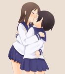  arms_around_waist beige_background black_hair blue_skirt blush brown_hair closed_eyes hasegawa_fumi hug kiss long_hair long_sleeves multiple_girls okano_kei pleated_skirt sailor_collar school_uniform school_uniform_(yuyushiki) serafuku short_hair simple_background skirt standing uasi yuri yuyushiki 