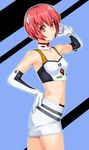  bad_id bad_pixiv_id blush breasts detached_collar elbow_gloves gloves kamia_(not_found) kasuga_aya looking_at_viewer midriff original red_eyes red_hair short_hair small_breasts solo 
