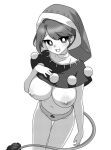  1girl :3 blush breasts bright_pupils capelet commentary doremy_sweet feet_out_of_frame greyscale hat large_breasts leaning_forward looking_at_viewer medium_bangs monochrome naked_capelet navel nightcap nipples onkn_sxkn open_mouth panties pom_pom_(clothes) short_hair simple_background smile solo standing tail tapir_tail touhou underwear white_pupils 