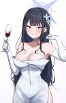  1girl :d absurdres alcohol armpits bare_shoulders black_hair blue_archive blunt_bangs breasts cleavage collarbone commentary cup dress drinking_glass elbow_gloves evening_gown gekhuay gloves hair_ornament halo highres holding holding_cup large_breasts long_hair looking_at_viewer official_alternate_costume parted_bangs parted_lips saori_(blue_archive) saori_(dress)_(blue_archive) side_slit sidelocks simple_background smile solo strapless strapless_dress white_background white_dress white_gloves wine wine_glass 