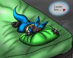 &lt;3 3_toes bed black_fur black_nose blue_fur canine claws english_text eyelashes female fur jackal looking_at_viewer lucario lying mammal nintendo pillow pok&#233;mon pok&eacute;mon red_eyes snowfyre solo spikes text toes video_games 