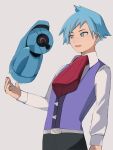  1boy :d aqua_eyes aqua_hair beldum black_pants collared_shirt commentary grey_background happy highres jewelry long_sleeves male_focus necktie open_mouth pants pokemon pokemon_(creature) pokemon_oras purple_vest red_necktie ring shirt short_hair smile steven_stone tonami_(svvj8832) vest white_shirt 