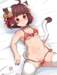 1girl :3 ahoge animal_ears bell bikini blush breasts brown_hair cameltoe cat_ears cat_girl cat_tail choker closed_mouth commentary_request covered_nipples cowboy_shot garoudo_(kadouhan&#039;i) groin hair_bell hair_ornament hair_ribbon ichihime jingle_bell lace-trimmed_choker lace_trim looking_at_viewer lying mahjong_soul mahjong_tile medium_bangs micro_bikini navel on_back on_bed pink_bikini red_choker red_eyes red_ribbon ribbon short_hair small_breasts smile solo swimsuit tail thighhighs trembling white_thighhighs 
