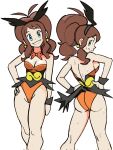  1girl animal_ears ass back bare_shoulders blue_eyes breasts brown_hair cleavage commission cosplay cowboy_shot earrings english_commentary fake_animal_ears hand_on_own_hip hands_on_own_hips highleg highleg_leotard highres hilda_(pokemon) jewelry leotard long_hair looking_at_viewer multiple_views pokemon pokemon_bw ponytail smile sooperman strapless strapless_leotard victini victini_(cosplay) white_background 