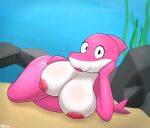 2024 anthro anthrofied areola baby_shark big_breasts breasts curvy_figure digital_media_(artwork) female fish hi_res huge_breasts lips looking_at_viewer lying marine mature_female mommy_shark_(character) multicolored_body nipples nude obsuniq on_side pink_areola pink_body pink_lips pink_nipples rock sand seaweed shark smile solo tail thick_thighs underwater underwater_scenery voluptuous water white_body wide_hips