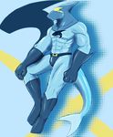  abs abstract_background anthro belt biceps big_muscles bulge clothing fin fish footwear gloves invalid_tag leaning male marine mask muscles no_pupils outfit pants pecs plain_background pose ryuukikeito scales shark shirt solo spandex standing steel_shark steel_shark_(character) suit superhero tight_clothing toned 