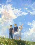  1girl 2boys absurdres ao_isami black_hair blonde_hair blue_sky blurry clothes_lift couple day depth_of_field facial_hair grass highres holding_hands lewis_smith looking_at_viewer lulu_(bang_bravern) multiple_boys painterly pants pectorals shirt sideburns_stubble skirt skirt_lift sky smile stubble t-shirt tatamiyama thick_eyebrows toned toned_male walking waving yaoi yuuki_bakuhatsu_bang_bravern 