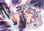  :p ahoge ass asymmetrical_docking blue_hair braid breast_press breasts fingerless_gloves gloves green_eyes headgear large_breasts long_hair mecha_musume mirai_senki_slavenil multiple_girls navel panties pink_eyes pink_hair shiitake_urimo tongue tongue_out underboob underwear weapon xbd-01exa xdg-01exe 