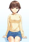  bangs breasts brown_eyes brown_hair denim denim_skirt eyebrows_visible_through_hair gradient gradient_background jiyuuyuu long_sleeves medium_breasts original pencil_skirt ribbed_sweater short_hair simple_background skirt solo sweater turtleneck 