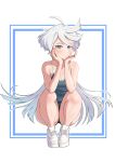  1girl absurdres ahoge blush breasts cleavage closed_mouth grey_eyes gundam gundam_suisei_no_majo highres long_hair looking_at_viewer miorine_rembran shourai simple_background small_breasts smile solo squatting thighs white_background white_hair 