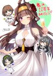  4girls absurdres ahoge anniversary black_hair breasts brown_hair champagne_flute chibi chibi_inset cleavage cleavage_cutout clothing_cutout cup double_bun dress drinking_glass glasses gold_hairband green_hairband hair_bun hairband haruna_(kancolle) headgear hiei_(kancolle) highres himura_moritaka kantai_collection kirishima_(kancolle) kongou_(kancolle) large_breasts long_hair multiple_girls official_alternate_costume one_eye_closed purple_eyes red_eyes solo_focus white_dress 