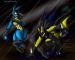  alternate_color anthro blood breasts brother canine claws female fight jackal lucario lucy_(snowfyre) male mammal nintendo open_mouth pok&#233;mon pok&eacute;mon red_eyes ruby_(snowfyre) shiny_pok&#233;mon shiny_pokemon sibling sister snowfyre spikes toe_claws video_games 