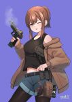  1girl absurdres ammunition_pouch artist_name belt black_belt black_shirt black_thighhighs blue_shorts breasts brown_hair brown_jacket casual chest_strap commentary commission explosive grenade gun handgun highres holding holding_gun holding_weapon holster jacket knife_sheath looking_at_viewer medium_breasts navel okapi_(yomaigoto) one_eye_closed orange_eyes original pixiv_commission pouch scope sheath shirt shorts solo thighhighs tongue tongue_out weapon 