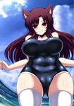  animal_ears breasts breasts_apart brown_hair cameltoe competition_school_swimsuit fang fang_out fingernails highres imaizumi_kagerou large_breasts long_hair looking_at_viewer one-piece_swimsuit red_eyes school_swimsuit sharp_fingernails shirakawa_mey smile solo swimsuit thighhighs touhou white_legwear wolf_ears 
