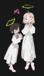  2girls a_channel ahoge alternate_costume bangs_pinned_back barefoot black_background black_hair blonde_hair blush closed_eyes dress full_body funao_oekaki halo hands_up ichii_tooru logo long_dress long_sleeves matching_outfits momoki_run multiple_girls open_mouth own_hands_clasped own_hands_together praying short_hair sidelocks simple_background smile white_dress 
