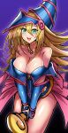  1girl :d absurdres bare_shoulders blonde_hair blue_dress blue_hat breasts cleavage dark_magician_girl dress duel_monster green_eyes hair_between_eyes hat highres holding holding_staff large_breasts long_hair looking_at_viewer open_mouth short_dress smile solo staff synchroman teeth upper_teeth_only wizard_hat yu-gi-oh! 