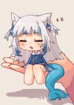  1girl 1other =_= animal_ears barefoot blue_hair blunt_bangs blush cat_ears chibi commentary_request drooling fins fish_tail gawr_gura grey_hair hair_ornament hololive hololive_english in_palm kemonomimi_mode kurushiro1102 long_hair mini_person minigirl mouth_drool multicolored_hair open_mouth shark_hair_ornament shark_tail sidelocks sitting sleeping streaked_hair tail tail_wagging two_side_up virtual_youtuber zzz 