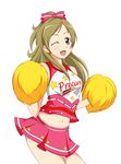  absurdres cheerleader copyright_name crop_top crop_top_overhang eyelashes green_eyes green_hair hair_ornament hair_ribbon half_updo happy highres jabara_tornado long_hair looking_at_viewer midriff minamino_kanade navel one_eye_closed open_mouth pom_poms ponytail precure ribbon shiny shiny_skin shirt simple_background skirt smile solo suite_precure white_background 