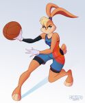 ball basketball_(ball) basketball_uniform blonde_hair blue_eyes breasts brown_body brown_fur clothing dated female feral fluffy fluffy_tail full-length_portrait fur gloves grey_background hair handwear hi_res lagomorph leporid lola_bunny looney_tunes mammal portrait rabbit simple_background small_breasts smile solo space_jam space_jam:_a_new_legacy sportswear tail uniform unknown_artist warner_brothers