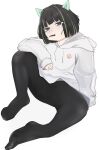  1girl black_pantyhose colored_inner_hair crying feet full_body highres hood hoodie inno_(amputator) legs multicolored_hair no_shoes original pantyhose short_hair simple_background sitting solo thighhighs toes white_background 