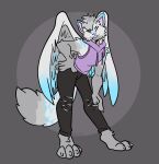 absurd_res anthro back_wings blep blue_highlights blue_markings bottomwear canid canine canis cheek_tuft clothing eyes_closed facial_tuft feathered_wings feathers fur grey_background grey_body grey_feathers grey_fur grey_hair hair hi_res highlights_(coloring) male mammal markings pants simple_background sleeveless_hoodie smile solo tongue tongue_out torn_bottomwear torn_clothing torn_pants tuft wings wolf xing1