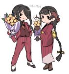  2girls black_eyes black_gloves black_hair black_ribbon black_vest blush boots bouquet braid brown_footwear brown_shirt closed_mouth flower full_body gloves hair_over_one_eye hand_in_pocket high_heel_boots high_heels holding holding_bouquet jacket japanese_clothes kantai_collection kimono kumano_maru_(11th_anniversary)_(kancolle) kumano_maru_(kancolle) long_hair long_sleeves looking_at_viewer low_ponytail multiple_girls obi official_alternate_costume pant_suit pants parted_bangs pink_flower red_jacket red_kimono red_pants ribbon sash shirt single_braid smile solid_oval_eyes standing suit suit_jacket terrajin transparent_background vest wide_sleeves yamashio_maru_(kancolle) 