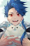  1boy absurdres animal asymmetrical_bangs blue_hair braid braided_ponytail capelet child cu_chulainn_(fate) dog earrings fangs fate/grand_order fate_(series) highres holding hood hooded_capelet jewelry kajijii long_hair looking_at_viewer male_focus portrait puppy red_eyes samoyed_(dog) setanta_(fate) smile solo spiked_hair twitter_username white_dog 