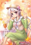  bekkankou blazer blush chair crossed_legs daitoshokan_no_hitsujikai dress drinking_straw green_dress grey_hair hat highres iced_tea jacket jewelry leaf long_hair long_sleeves maple_leaf mochizuki_maho_(daitoshokan_no_hitsujikai) necklace purple_eyes sitting smile table 