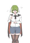  1girl absurdres black_thighhighs blue_shorts cape collared_shirt commentary_request hair_over_eyes highres long_sleeves narun_adanagi open_mouth shirt short_hair shorts simple_background solo thighhighs touhou white_background white_shirt wriggle_nightbug 