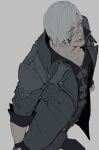  1boy blood blood_on_face blue_eyes coat dante_(devil_may_cry) devil_may_cry_(series) devil_may_cry_4 fingerless_gloves gloves highres holding looking_at_viewer male_focus moyashi_san4 simple_background solo trench_coat white_hair 