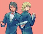  alternate_costume barnaby_brooks_jr black_hair blonde_hair bow bowtie clipboard facial_hair formal glasses green_eyes grey_eyes kaburagi_t_kotetsu looking_back male_focus multiple_boys open_mouth smile suit tiger_&amp;_bunny tray waiter wanko_(takohati8) 