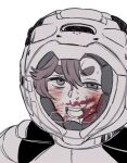  1girl blood blood_on_face breath commentary_request gundam gundam_suisei_no_majo helmet korean_commentary looking_at_viewer muted_color myong8_0 open_mouth red_hair solo space_helmet spacesuit suletta_mercury sweatdrop thick_eyebrows upper_body 