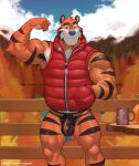  2024 anthro armpit_hair autumn barazoku bedroom_eyes biceps big_bulge big_muscles body_hair bonfiredemon bulge clothing cloud coffee_mug day detailed_bulge eyebrows felid fence flexing food forest front_view frosted_flakes fruit fur furniture genital_outline hand_in_pocket hi_res huge_muscles jacket jockstrap kellogg&#039;s looking_at_viewer male mammal mascot muscular muscular_anthro muscular_male narrowed_eyes outside pantherine pattern_clothing pattern_jockstrap pattern_underwear penis_outline plant pockets pumpkin quads seductive sky sleeveless_jacket smile solo standing table tiger tony_the_tiger topwear tree tuft underwear whiskers 