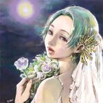  1girl alternate_costume bouquet bridal_veil cotori_(globule) dress earrings flower gnosia green_hair highres jewelry lipstick looking_at_viewer makeup moon purple_flower purple_rose rose short_hair sleeveless sleeveless_dress solo stella_(gnosia) veil wedding_dress 