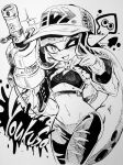  .96_gal_(splatoon) 1girl baseball_cap belt dokudami_so fang greyscale gun hat highres holding holding_gun holding_weapon inkling inkling_girl inkling_player_character long_hair monochrome navel one_eye_closed open_mouth pants pointy_ears print_headwear simple_background skin_fang smile solo sparkle splatoon_(series) tentacle_hair torn_clothes torn_pants traditional_media very_long_hair weapon white_background 