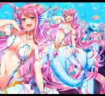  1girl air_bubble akirannu arm_at_side arm_garter blurry blurry_background blush bracelet breasts bubble drop_shadow fins full_body hand_up head_chain head_fins highres jewelry large_breasts letter long_hair looking_at_viewer mermaid monster_girl navel neck_ring open_mouth original pink_gemstone pink_hair revealing_clothes see-through see-through_skirt skirt solo teeth upper_teeth_only very_long_hair yellow_eyes zoom_layer 