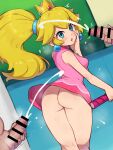  1girl 2boys aqua_eyes ass bar_censor blonde_hair censored chiwino commission crown cum dress earrings ejaculation from_behind highres jewelry male_masturbation mario_(series) masturbation multiple_boys no_panties parted_lips penis pink_dress pixiv_commission ponytail princess_peach racket short_dress sphere_earrings tennis_racket 