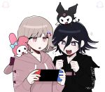  1boy 1girl 4o4_(404d_r) :d :o black_hair black_hoodie bow brown_hair collarbone danganronpa_(series) danganronpa_2:_goodbye_despair danganronpa_v3:_killing_harmony ear_bow handheld_game_console highres holding holding_handheld_game_console hood hood_down hoodie medium_hair multicolored_hair nanami_chiaki nintendo_switch oma_kokichi onegai_my_melody pink_eyes pink_hair pink_hoodie sanrio simple_background smile spaceship_hair_ornament teeth two-tone_hair upper_body upper_teeth_only white_background 