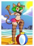  absurd_res anthro ball beach beach_ball bottomwear breasts cleavage clothed clothing cloud clown clown_makeup clown_nose crocs domestic_cat eyelashes fangs felid feline felis female footwear fur green_hair green_sclera hair hand_on_head hi_res inflatable looking_at_viewer mammal markings multicolored_body multicolored_fur navel ring_cats roboticsteve shoes skirt sky smile solo striped_body striped_fur striped_markings striped_tail stripes sun sunscreen taffy_(robotic_stevie) tail tail_markings teeth translucent translucent_clothing under_boob wide_hips 