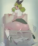  anus big_butt biped bottomwear breasts butt clothed clothing female footwear fullmontis genitals green_hair hair hi_res high_heels huge_butt humanoid no_underwear panties photocopier pupils pussy skirt solo thick_thighs underwear 
