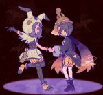  1boy 1girl acerola_(fall_2020)_(pokemon) acerola_(pokemon) allister_(fall_2022)_(pokemon) allister_(pokemon) appleko bat_wings brown_hat cape full_body gloves hat highres holding_hands looking_at_another mask pokemon pokemon_masters_ex purple_hair signature single_glove standing wings zubat 