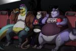  2023 anthro belly big_belly biglovealicia canid canine canis cel_shading chair clothed clothing detailed_background digitigrade eating food fully_clothed furniture hair hi_res hot_dog huge_belly lizard male mammal morbidly_obese morbidly_obese_male movie_theater murid murine obese obese_male on_chair overweight overweight_male purple_hair rat reptile rodent scalie shaded signature sitting sitting_on_chair tail wolf 