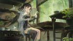  1girl ahoge asymmetrical_gloves asymmetrical_legwear bamboo bamboo_forest black_dress black_eyes black_gloves black_hair black_shorts black_socks black_thighhighs bonsai book book_stack bookshelf bowl bug choko_(cup) cup dragonfly dress dyed_ahoge earrings elbow_gloves english_commentary ergouzi_echo food forest gloves green_hair green_socks green_thighhighs highres holding holding_cup holding_saucer jewelry jianxin_(wuthering_waves) lantern long_hair multicolored_hair multicolored_socks multicolored_thighhighs nature open_mouth paper_lantern plant plate potted_plant saucer shorts shorts_under_dress sitting socks solo stool streaked_hair sweets table tacet_mark_(wuthering_waves) tea_set teapot thighhighs two-tone_dress two-tone_hair vase very_long_hair white_dress white_gloves white_socks white_thighhighs window wooden_box wuthering_waves yin_yang yin_yang_earrings 