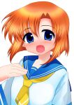  1girl blue_eyes blush highres higurashi_no_naku_koro_ni ibispaint_(medium) looking_at_viewer neckerchief no_nose official_style open_mouth orange_hair parody parted_bangs ryuuguu_rena ryuukishi07_(style) school_uniform serafuku short_hair short_sleeves sidelocks smile solo style_parody white_background yasonomugi yellow_neckerchief 