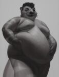 2023 anthro belly belly_squish big_belly casual_nudity chubby-shark curled_hair digital_media_(artwork) digital_painting_(artwork) double_chin eyebrows featureless_crotch fingers fur grey_background greyscale hair hand_on_belly huge_belly looking_at_viewer male mammal monochrome moobs mustelid navel nipples nude obese obese_anthro obese_male open_mouth otter overweight overweight_anthro overweight_male portrait ren_(rsf1090) shaded simple_background snout soft_shading squish standing striped_body striped_fur stripes tail teeth thick_thighs three-quarter_portrait three-quarter_view whiskers