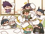  &gt;_o 6+boys ^^^ ahoge alternate_costume amami_rantaro android anger_vein annoyed antenna_hair aqua_bow aqua_jacket barefoot beanie black-framed_eyewear black_eyes black_hair black_hat black_mask blanket blue_jacket blue_kimono blush_stickers bow brown_hair chibi cigarette closed_eyes closed_mouth colored_tips commentary_request covered_mouth danganronpa_(series) danganronpa_v3:_killing_harmony eyelashes facial_hair fake_horns flying_sweatdrops furrowed_brow futon glasses goatee gokuhara_gonta green_hair green_jacket grey_hair grey_jacket hair_between_eyes hand_on_another&#039;s_head hand_up haori happy hat holding holding_cigarette holding_pillow horned_headwear horns hoshi_ryoma indoors jacket japanese_clothes k1-b0 kimono leaning_forward light_blush long_hair long_sleeves male_focus mask messy_hair momota_kaito motion_lines mouth_mask multicolored_hair multiple_boys notice_lines oma_kokichi one_eye_closed open_clothes open_jacket open_mouth pale_skin pillow pillow_fight purple_hair purple_jacket round_eyewear saihara_shuichi seiza shinguji_korekiyo short_hair shouji sidelocks sitting sliding_doors smile solid_oval_eyes spiked_hair standing straight_hair sweat sweatdrop thick_eyebrows throwing triangle_mouth v-shaped_eyebrows very_long_hair wavy_mouth white_bow wide_sleeves yumaru_(marumarumaru) zipper zipper_pull_tab 