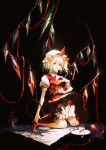  1girl absurdres artist_name blonde_hair bloomers cake cake_slice chinese_commentary commentary_request crystal cui_(jidanhaidaitang) fangs flandre_scarlet food fork full_body hat hat_ribbon highres holding holding_knife kneeling knife laevatein_(tail) mob_cap one_side_up open_mouth plate puffy_short_sleeves puffy_sleeves red_footwear red_ribbon red_skirt red_vest ribbon shirt short_hair short_sleeves skirt skirt_set solo tail teeth touhou underwear upper_teeth_only vest weibo_logo white_bloomers white_hat white_shirt wings 