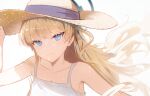  1girl absurdres blonde_hair blue_archive blue_eyes blue_halo buffering548 closed_mouth collarbone dress halo hat highres light_brown_hair long_hair simple_background solo straw_hat sundress toki_(blue_archive) upper_body white_background white_dress 