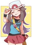  1girl ^_^ bag black_wristband breasts brown_hair closed_eyes closed_mouth cowboy_shot hand_on_headwear hand_up handbag hat highres holding holding_poke_ball leaf_(pokemon) long_hair medium_breasts miniskirt omochi_(omotimotittona3) poke_ball poke_ball_(basic) pokemon pokemon_frlg porkpie_hat red_skirt skirt smile solo tongue tongue_out v-shaped_eyebrows white_hat yellow_bag 