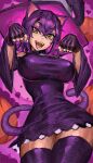  1girl absurdres animal_ears blair_(soul_eater) breasts cat_ears cat_tail dress hat highres looking_at_viewer open_mouth purple_hair saiykik solo soul_eater tail thighhighs witch witch_hat yellow_eyes 